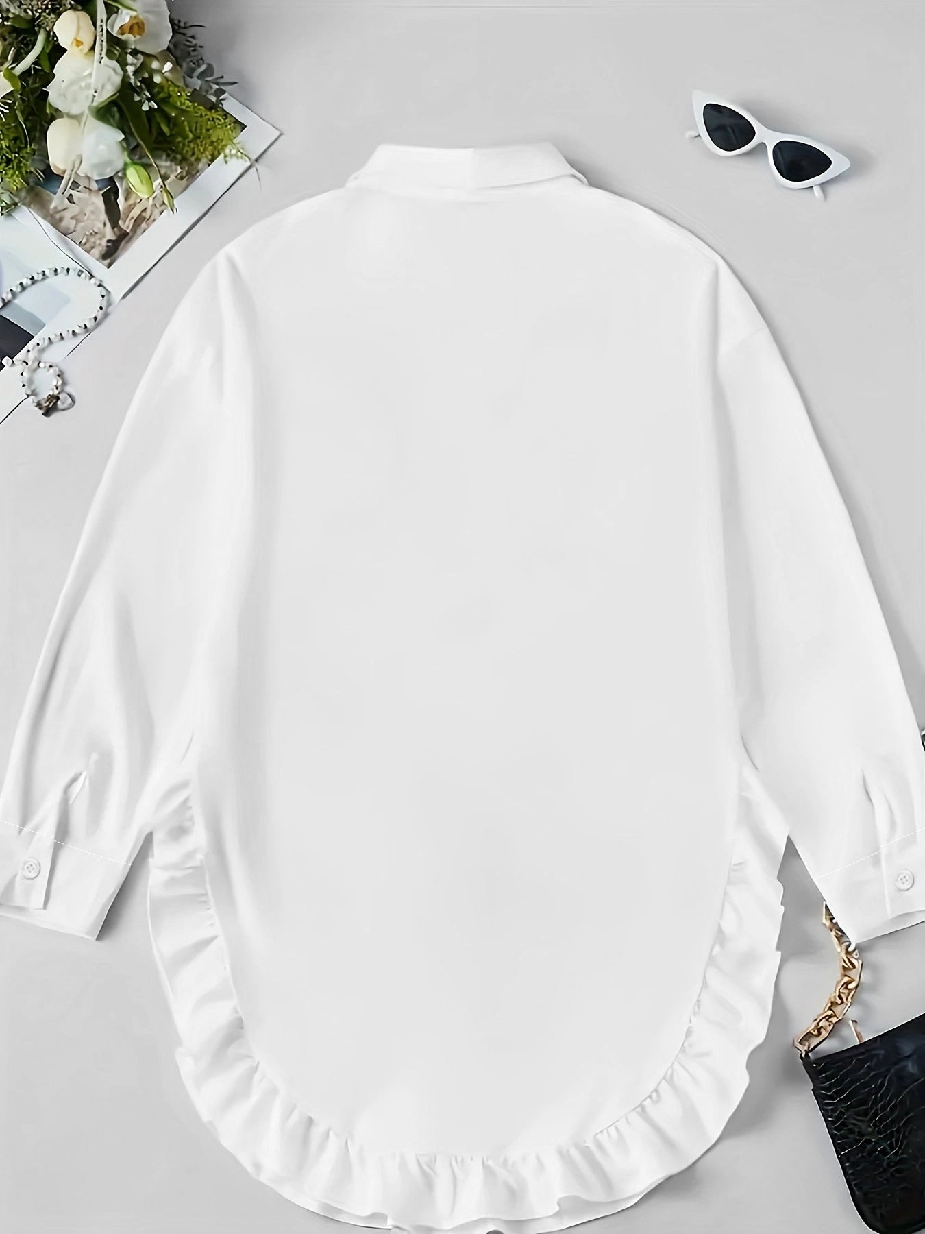 Women’s Long Sleeve Casual Shirt – Ruffled Hem, Soft Fit, Everyday Elegance
