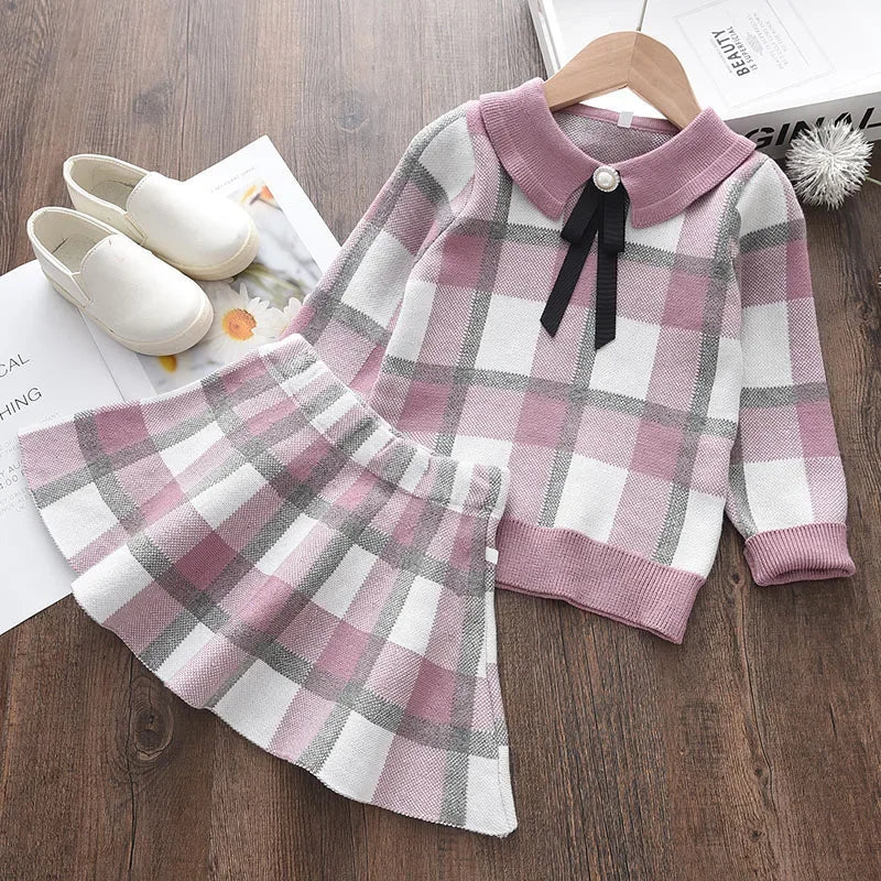 Girls Baby 2023 Fashion Winter Knitted Clothes Sets Cartoon Sweaters Tops Ruffles Skirt Outfits Children Clothes