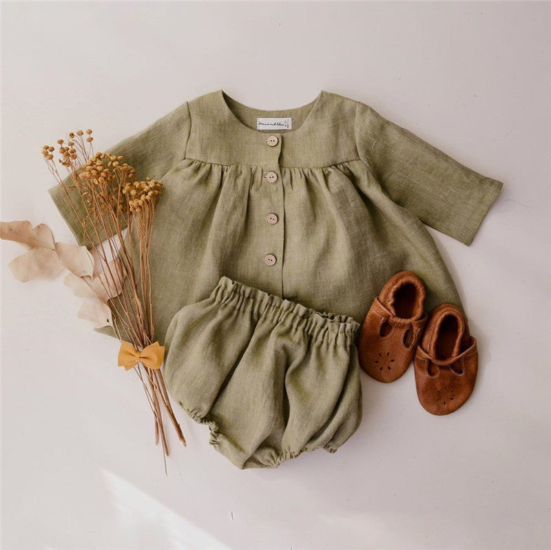 Cotton Linen Cardigan Girl Baby Top Shorts Children's Suit