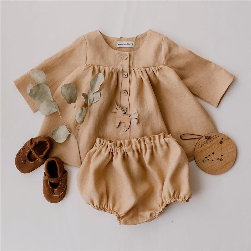 Cotton Linen Cardigan Girl Baby Top Shorts Children's Suit