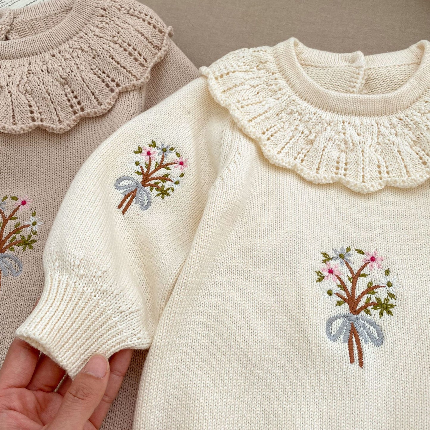 Knitted Baby Girl Romper – Lotus Collar and Long Sleeves