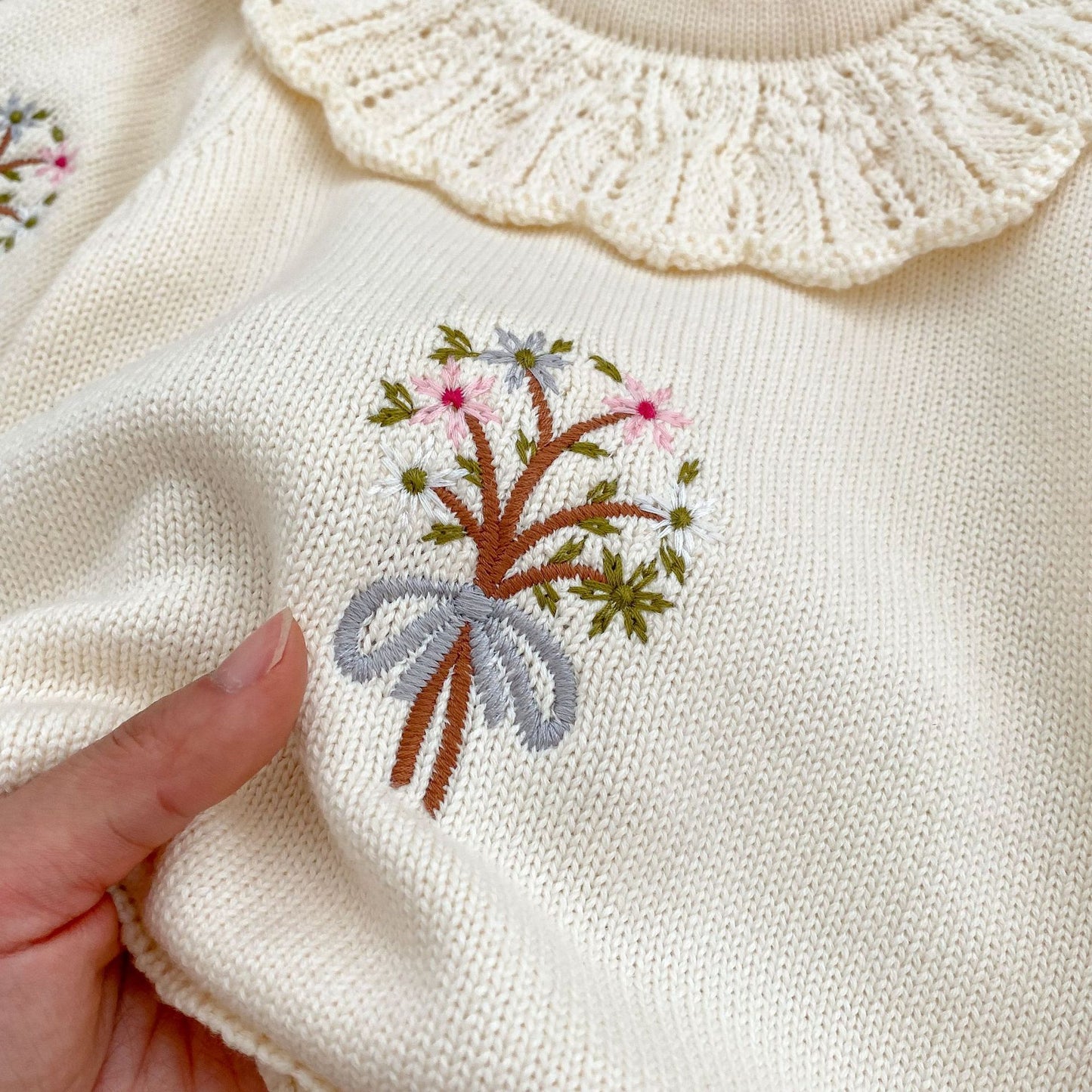 Knitted Baby Girl Romper – Lotus Collar and Long Sleeves