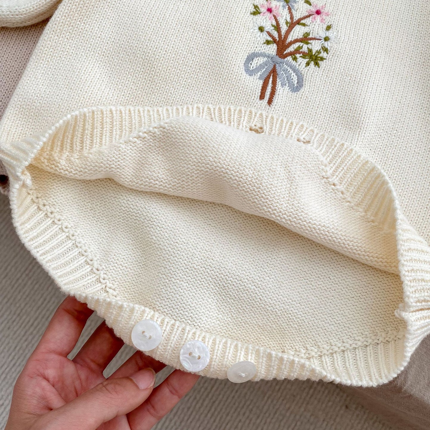Knitted Baby Girl Romper – Lotus Collar and Long Sleeves