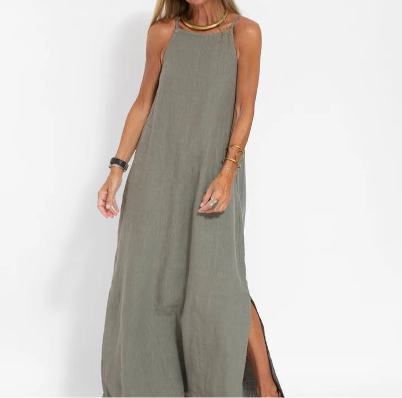 Elegant Cotton Linen Long Slip Dress with Side Split – Lightweight Summer Dress for Women