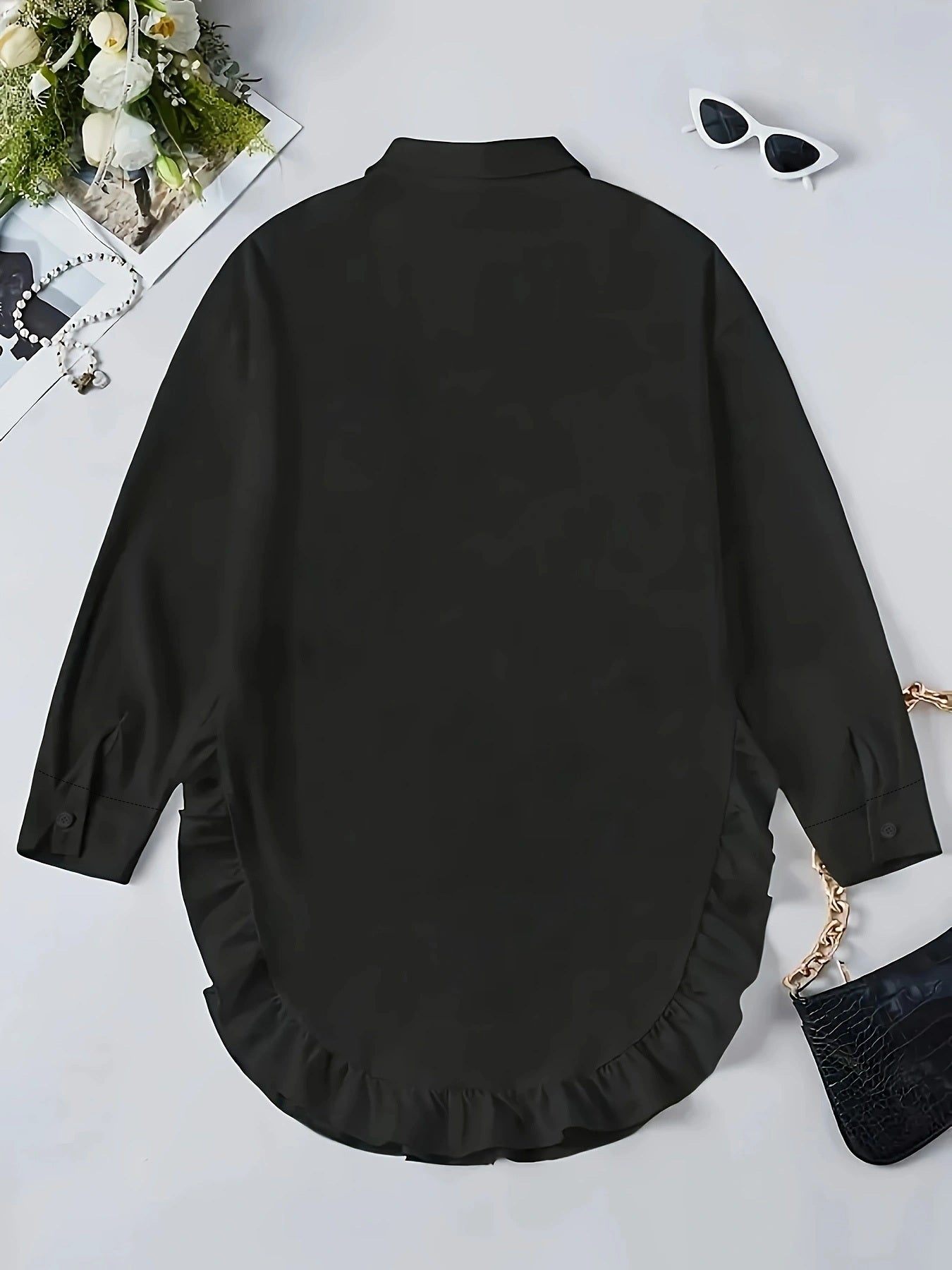 Women’s Long Sleeve Casual Shirt – Ruffled Hem, Soft Fit, Everyday Elegance
