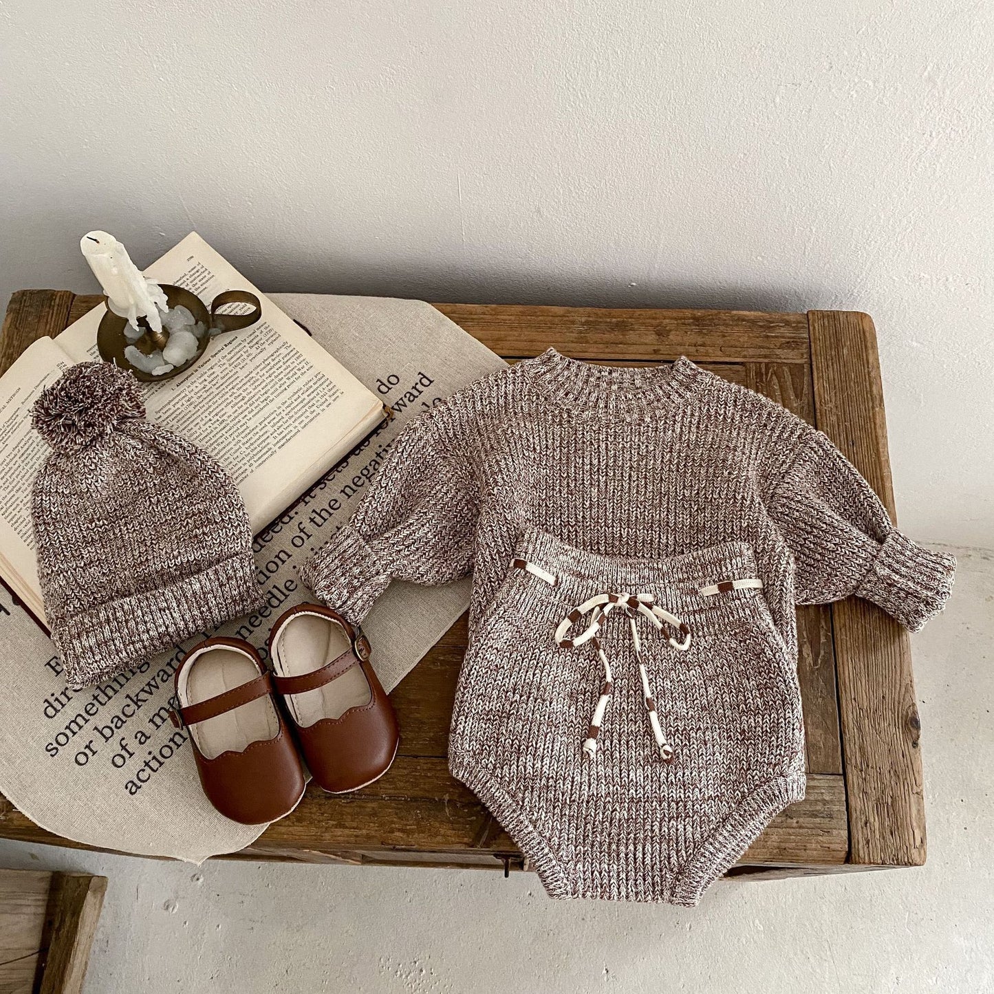 Infant Baby Girl 3-Piece Set – Thick Knit Pullover, Pants & Fur Ball Hat