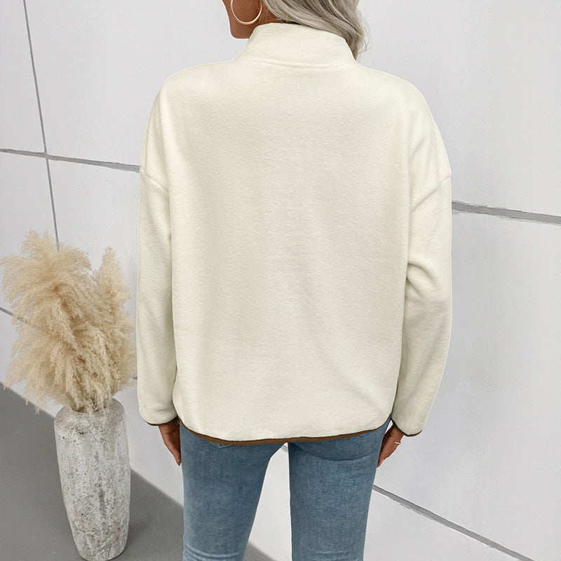 Women’s Contrast Color Polar Fleece Cardigan – Short Stand-Up Collar Jacket