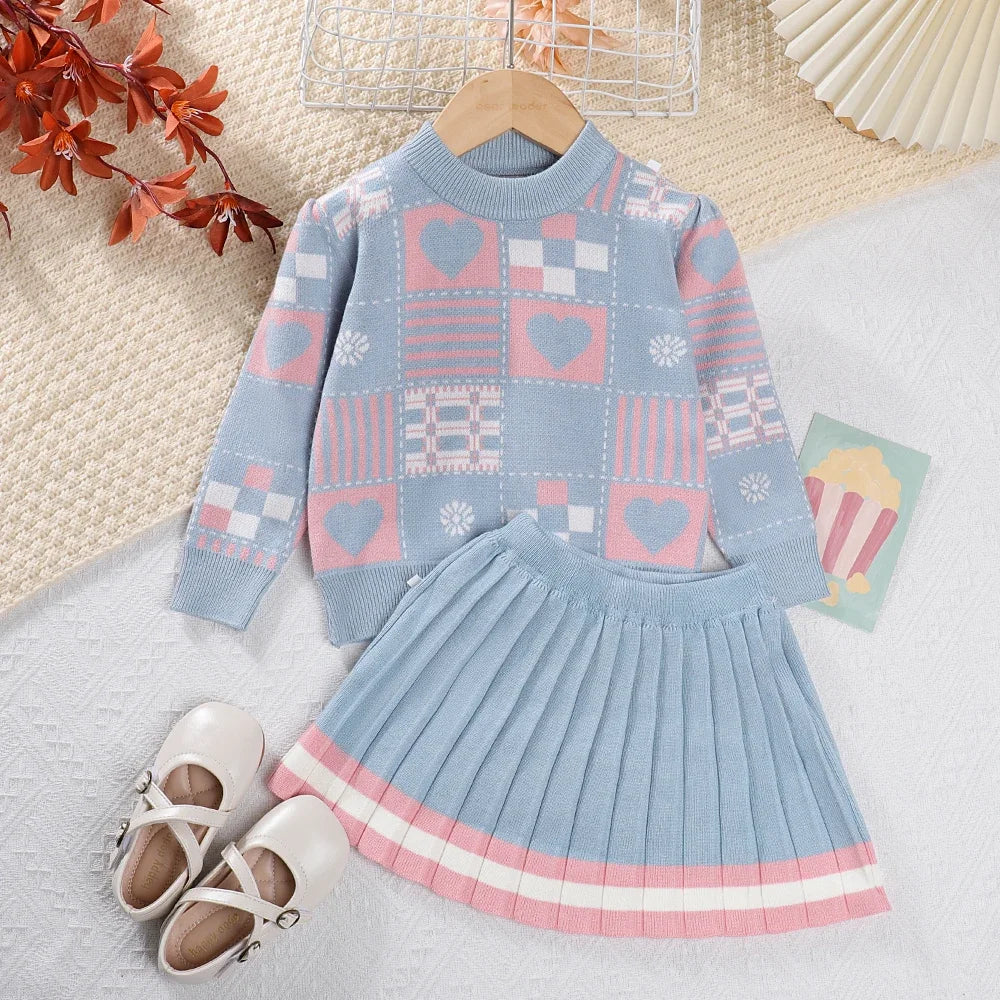 Girls Baby 2023 Fashion Winter Knitted Clothes Sets Cartoon Sweaters Tops Ruffles Skirt Outfits Children Clothes