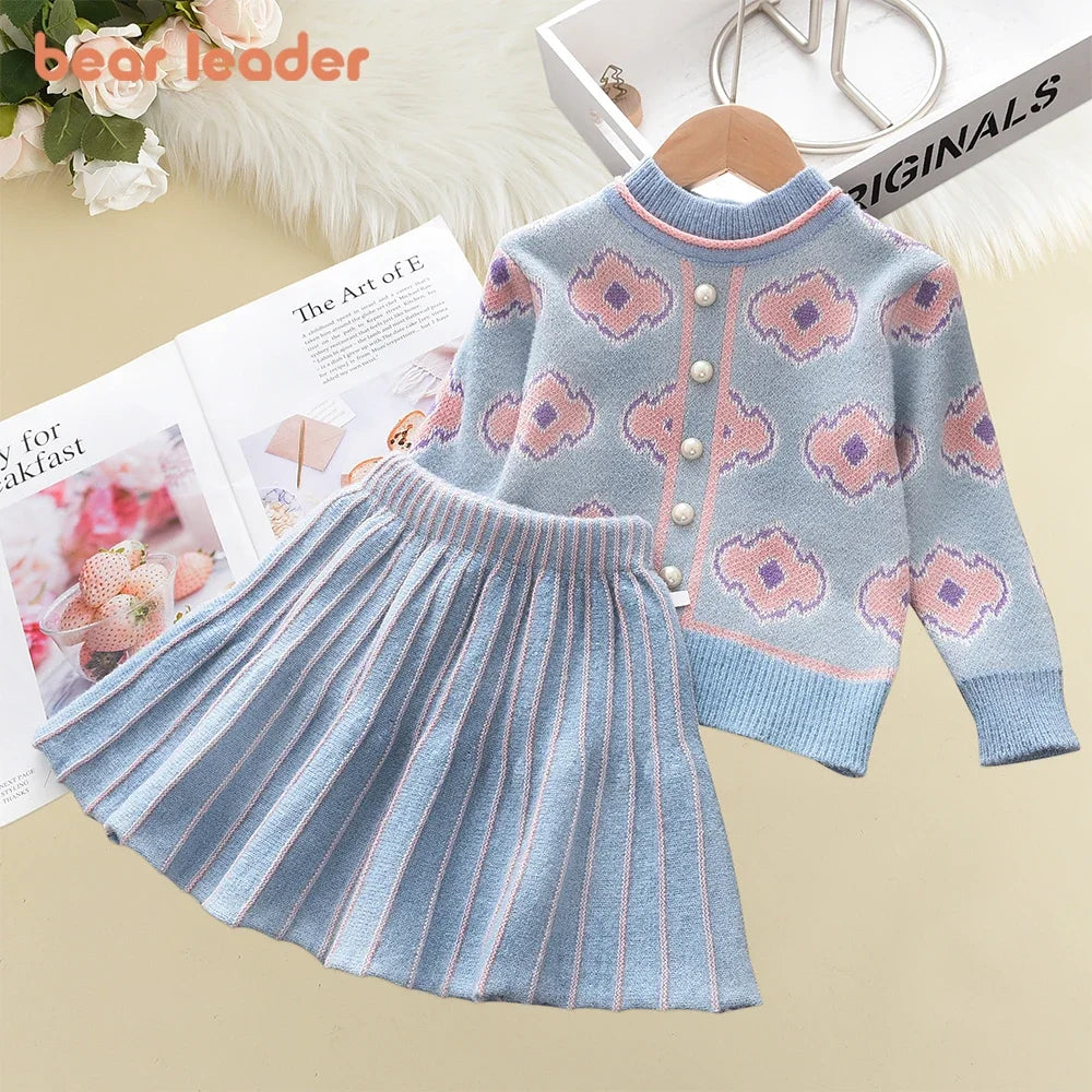 Girls Baby 2023 Fashion Winter Knitted Clothes Sets Cartoon Sweaters Tops Ruffles Skirt Outfits Children Clothes