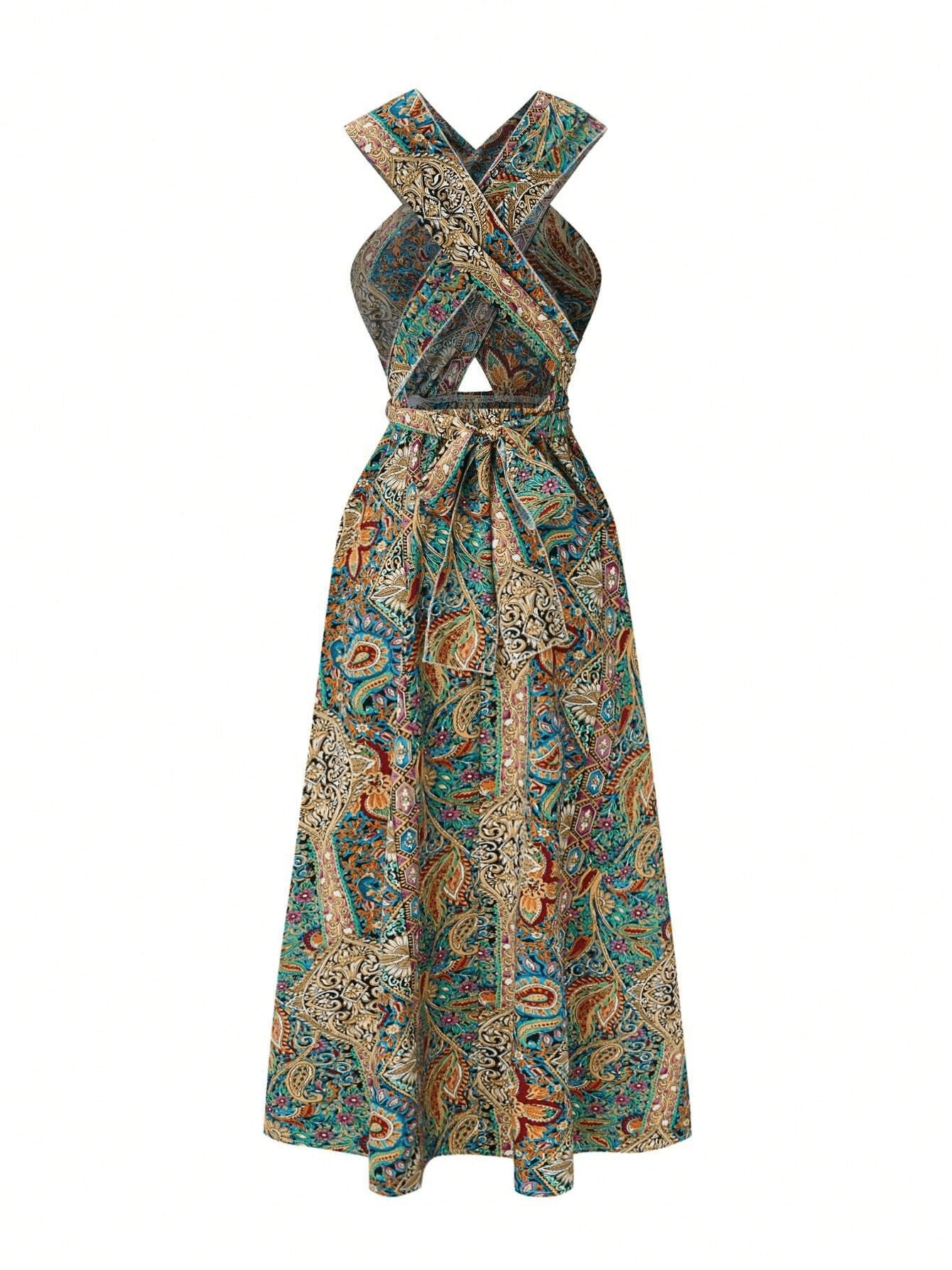 Elegant Paisley Maxi Dress – Halter Neck, High Waist, Flowing Silhouette | Teal & Bronze