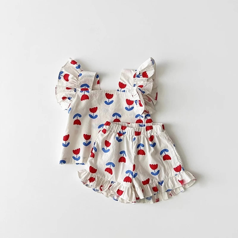 Summer Kids Girls Clothes Sets 2025 Flower Printed Sleeveless Tee Tops+ Shorts Suits Children Clothing Sets Baby Girls Clothes