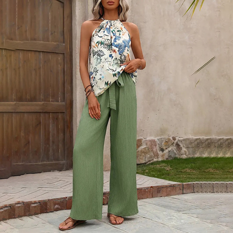 Chic Summer Two-Piece Set – Halter Crop Top & Wide-Leg Pants