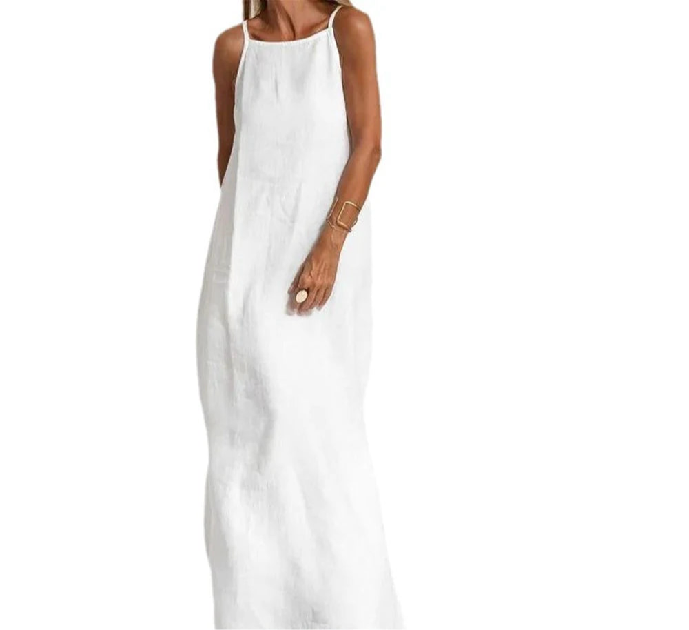 Elegant Cotton Linen Long Slip Dress with Side Split – Lightweight Summer Dress for Women