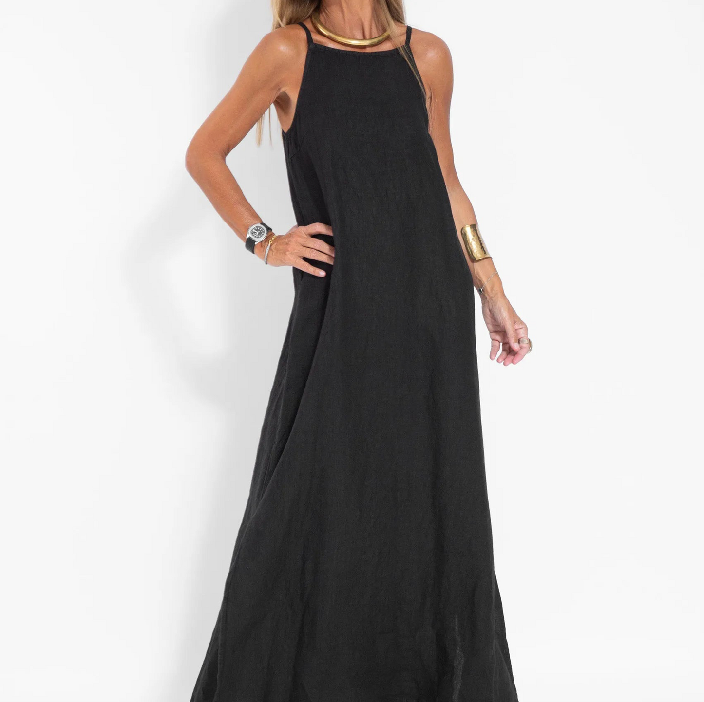 Elegant Cotton Linen Long Slip Dress with Side Split – Lightweight Summer Dress for Women