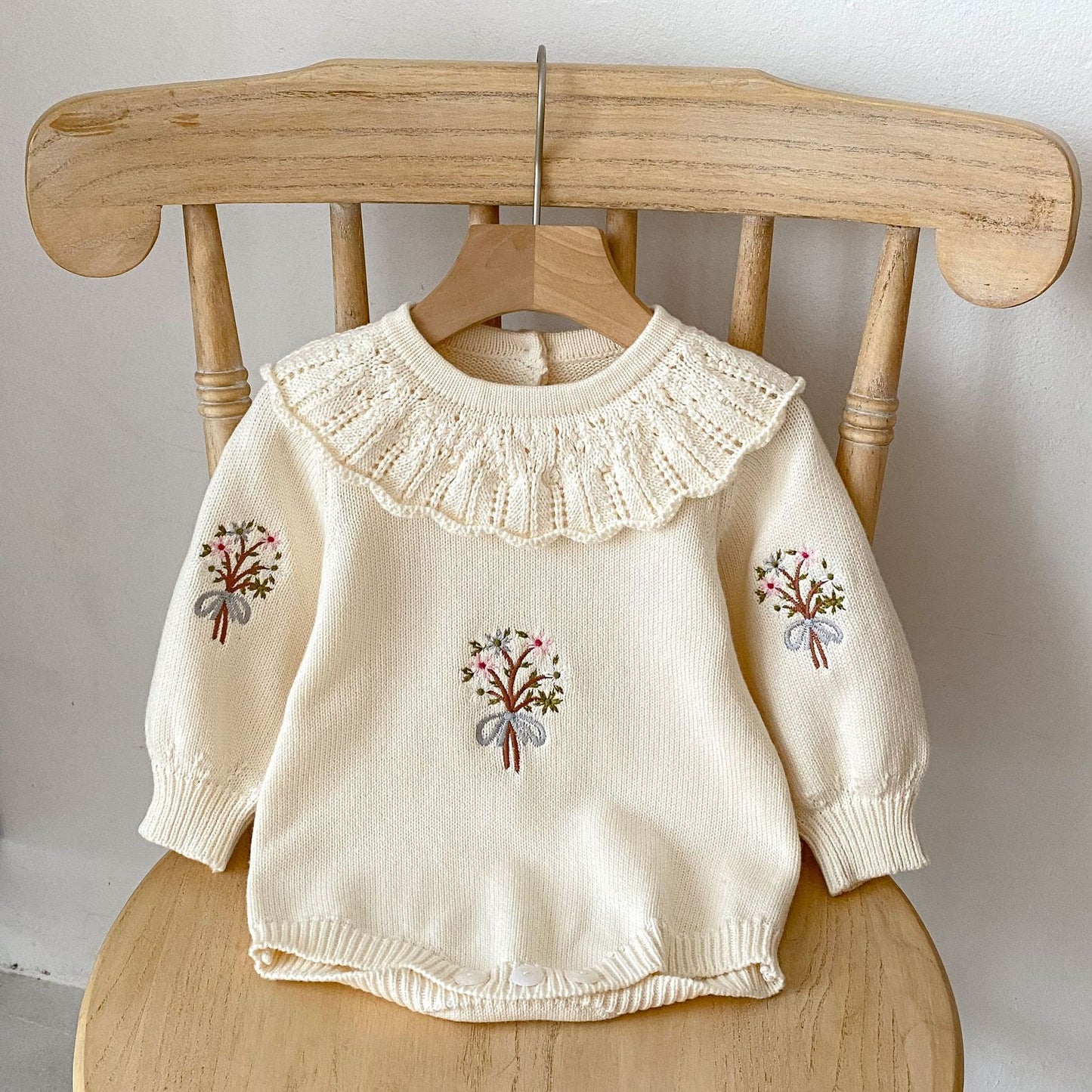 Knitted Baby Girl Romper – Lotus Collar and Long Sleeves
