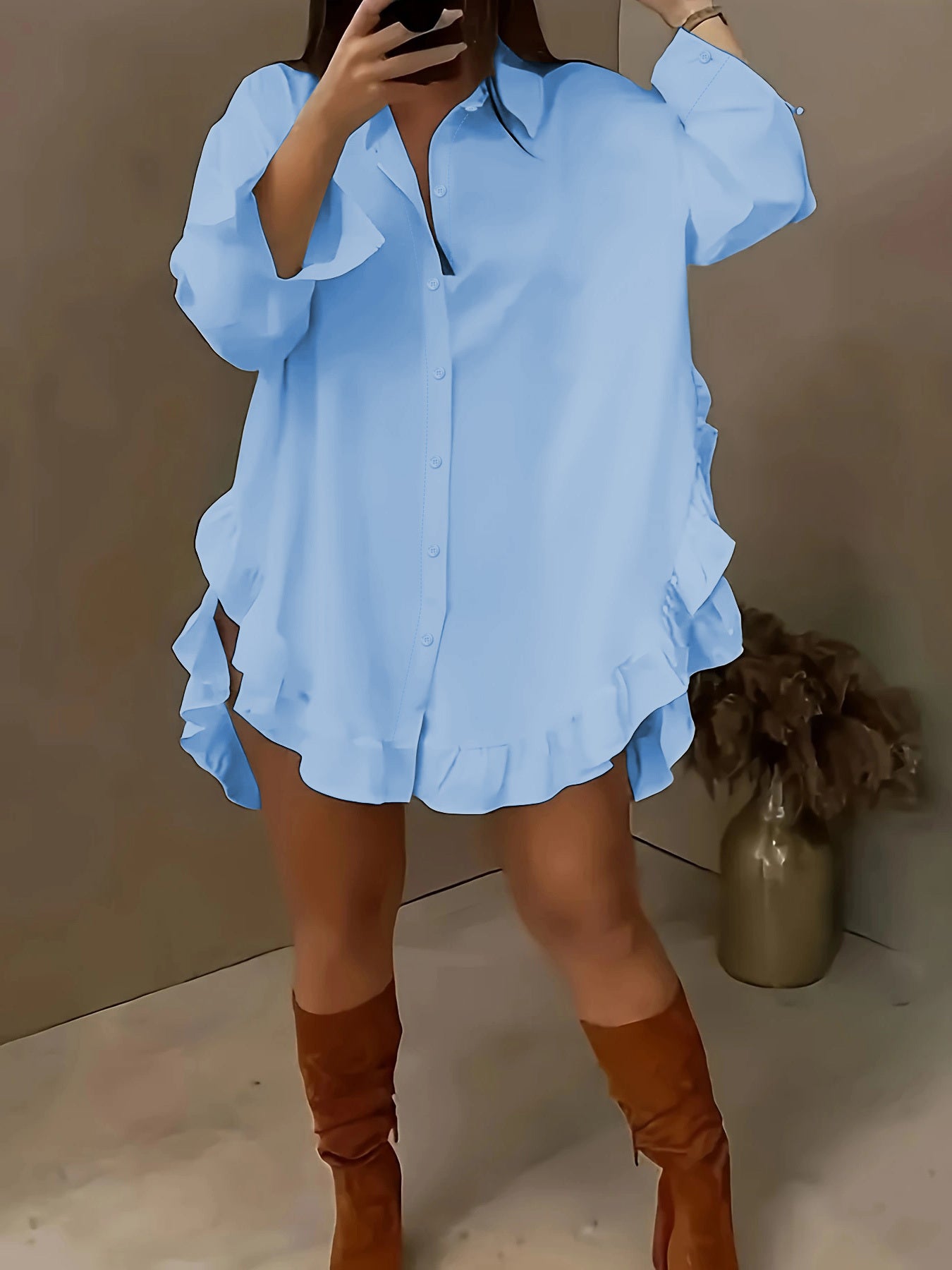 Women’s Long Sleeve Casual Shirt – Ruffled Hem, Soft Fit, Everyday Elegance