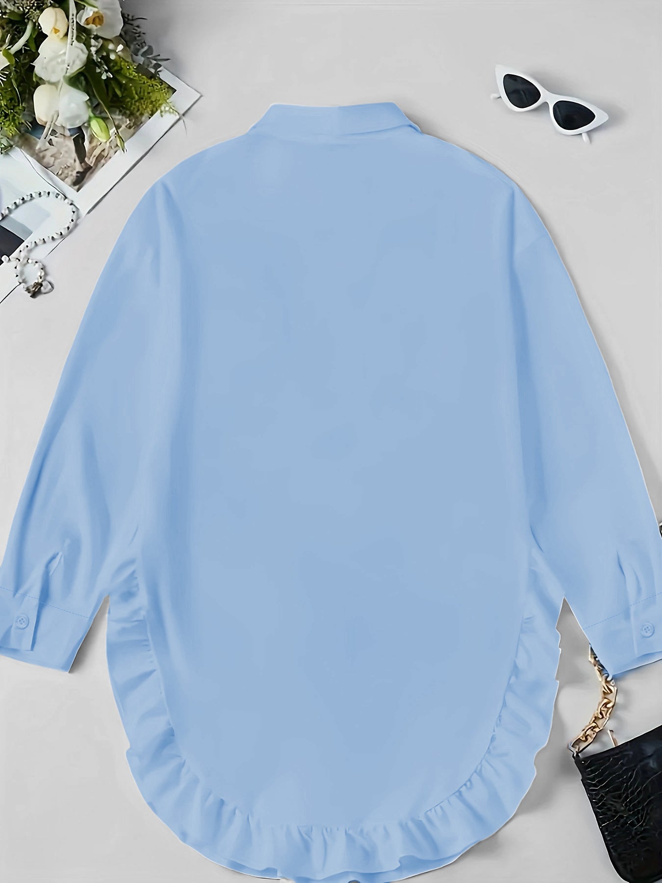 Women’s Long Sleeve Casual Shirt – Ruffled Hem, Soft Fit, Everyday Elegance