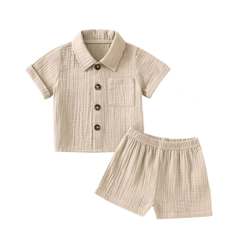 Cotton Linen Casual Toddler Baby Boys Summer Outfits Solid Short Sleeve Pocket Button down Lapel Shirt + Shorts 2PCS Clothes Set