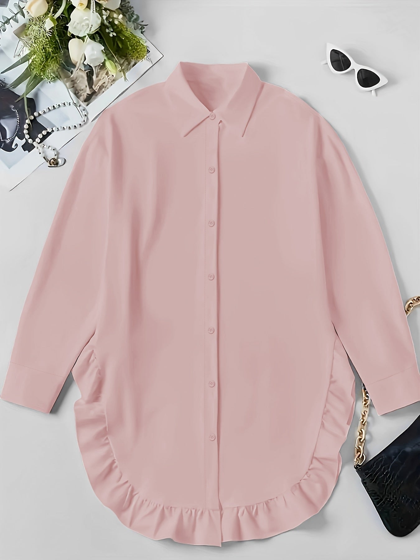 Women’s Long Sleeve Casual Shirt – Ruffled Hem, Soft Fit, Everyday Elegance