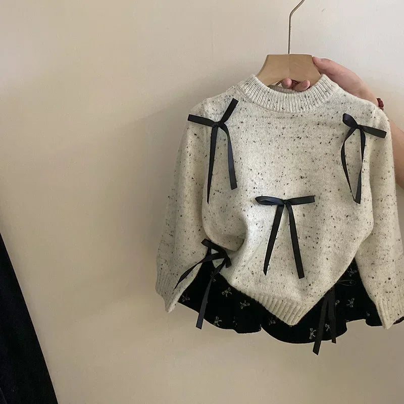 4746 Children Clothes Bow Knitted Girl'S Sweater or Cake Skirt 2024 Autumn Sweet Girl'S Clothes