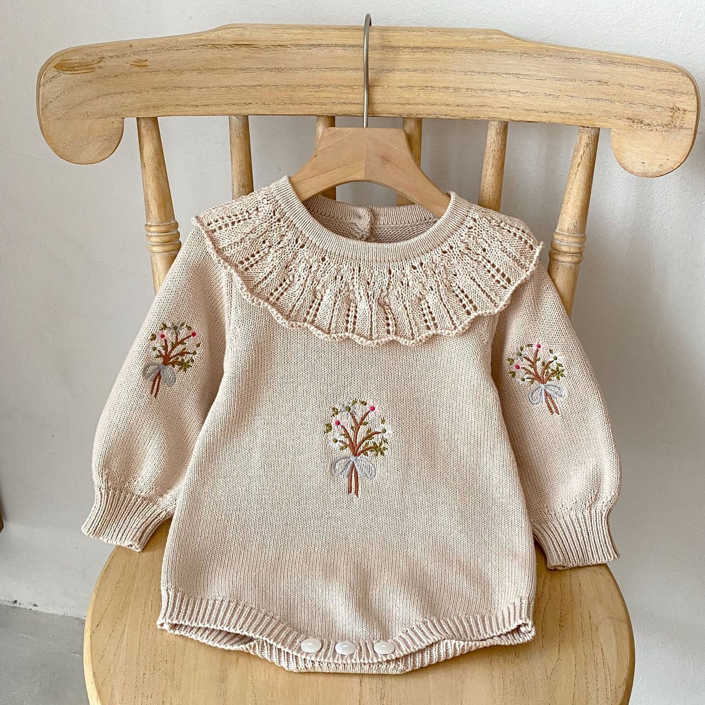 Knitted Baby Girl Romper – Lotus Collar and Long Sleeves