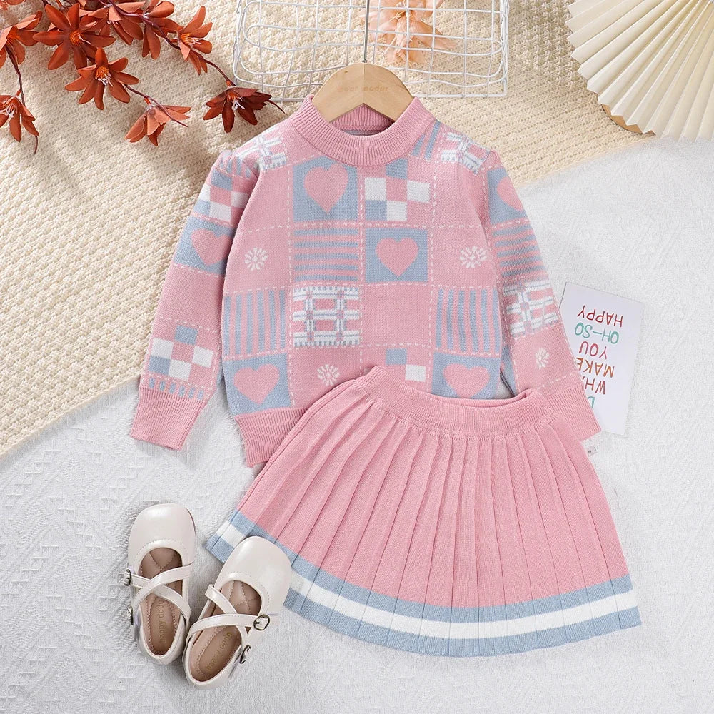 Girls Baby 2023 Fashion Winter Knitted Clothes Sets Cartoon Sweaters Tops Ruffles Skirt Outfits Children Clothes