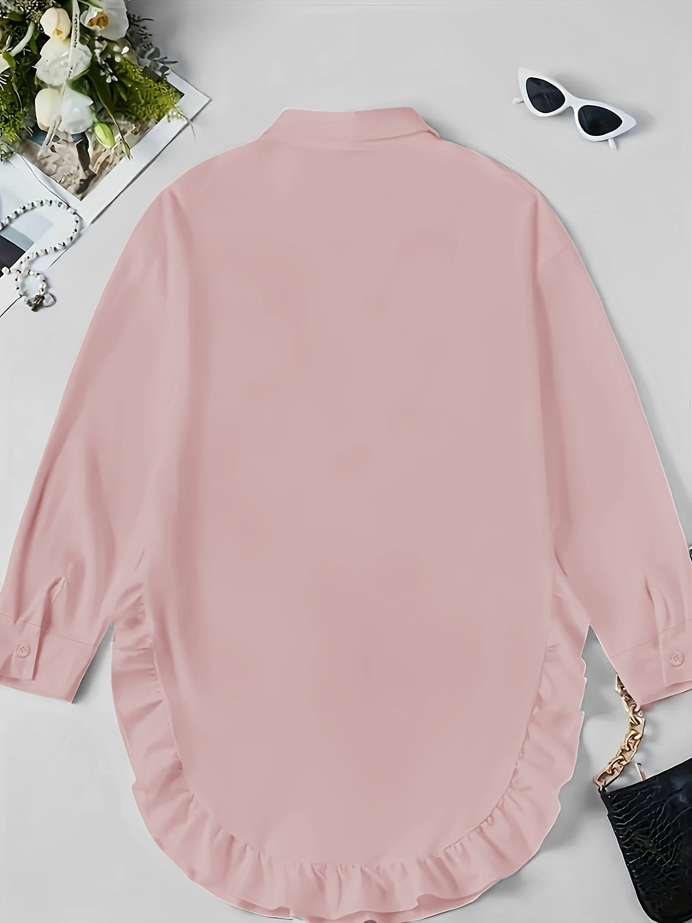Women’s Long Sleeve Casual Shirt – Ruffled Hem, Soft Fit, Everyday Elegance
