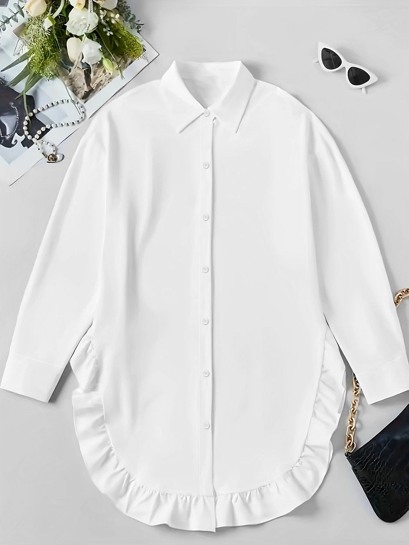 Women’s Long Sleeve Casual Shirt – Ruffled Hem, Soft Fit, Everyday Elegance