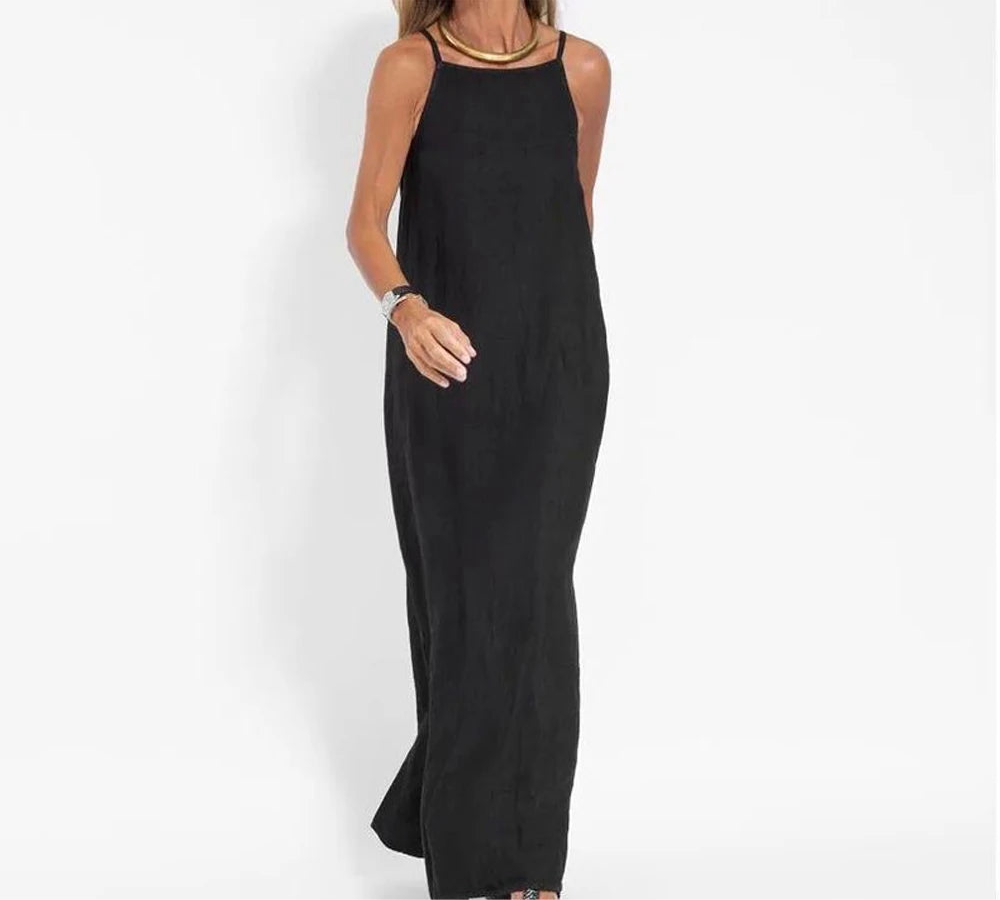 Elegant Cotton Linen Long Slip Dress with Side Split – Lightweight Summer Dress for Women