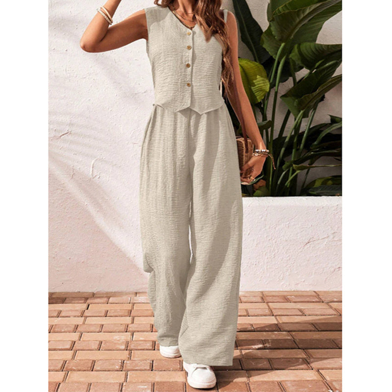 Chic Summer 2-Piece Set – Buttoned Crop Blazer Vest & Wide-Leg Pants