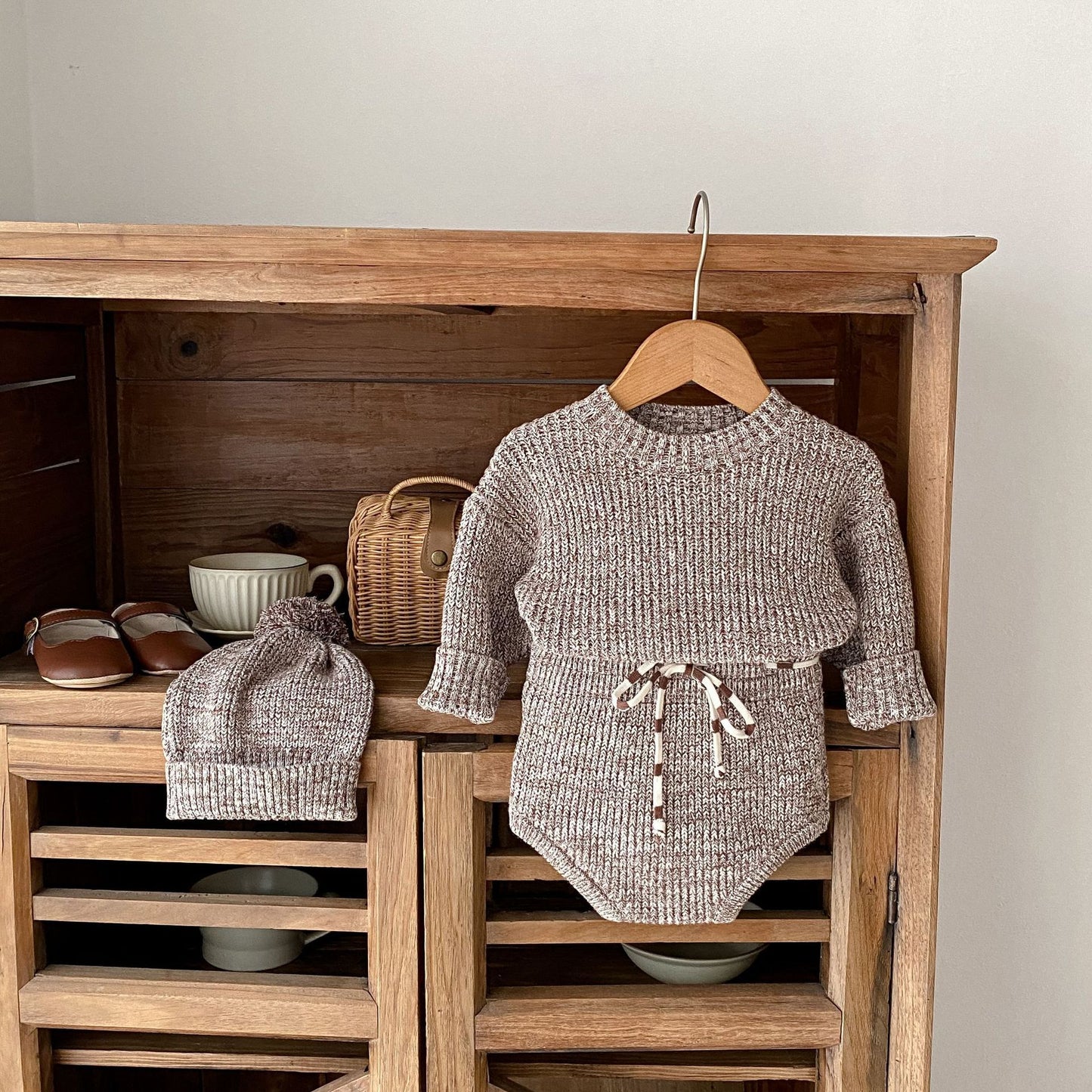 Infant Baby Girl 3-Piece Set – Thick Knit Pullover, Pants & Fur Ball Hat