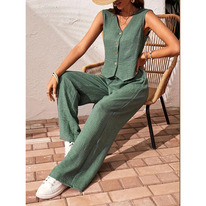 Chic Summer 2-Piece Set – Buttoned Crop Blazer Vest & Wide-Leg Pants