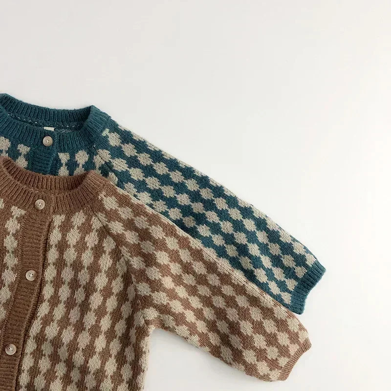 7222 Children Clothes Pastoral Plaid Cardigan Autumn Winter Boy'S Sweater Plaid Girl'S Knitted Coat