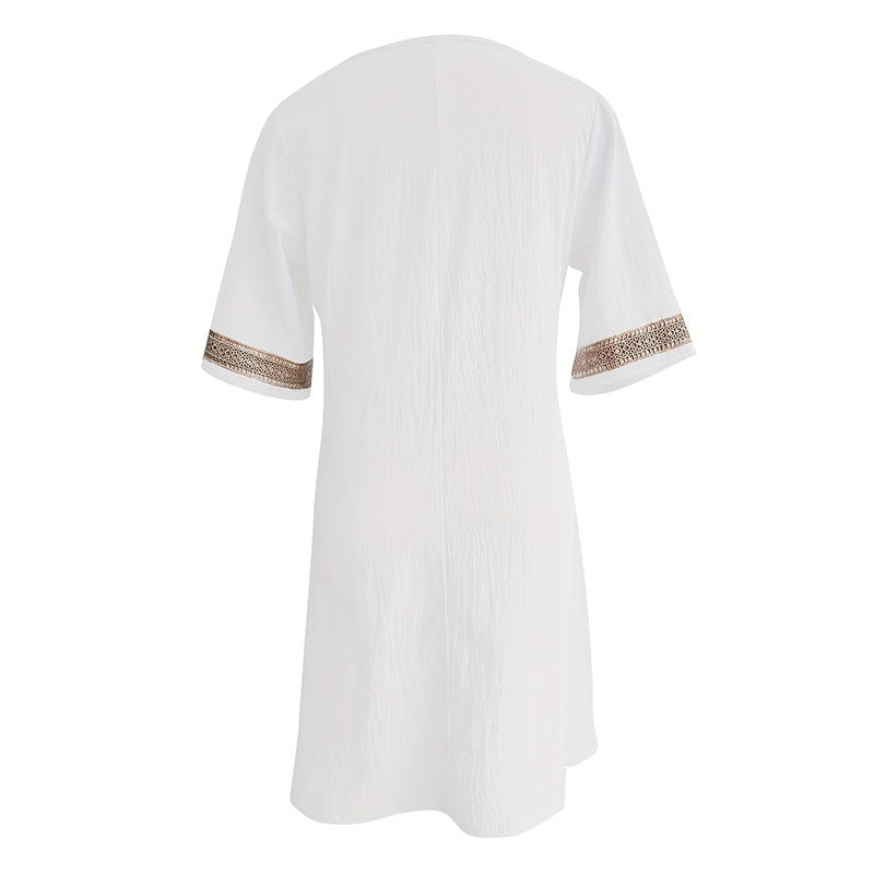 Elegant Guipure Lace Tunic Dress – V-Neck, Knee-Length, All-Season Style