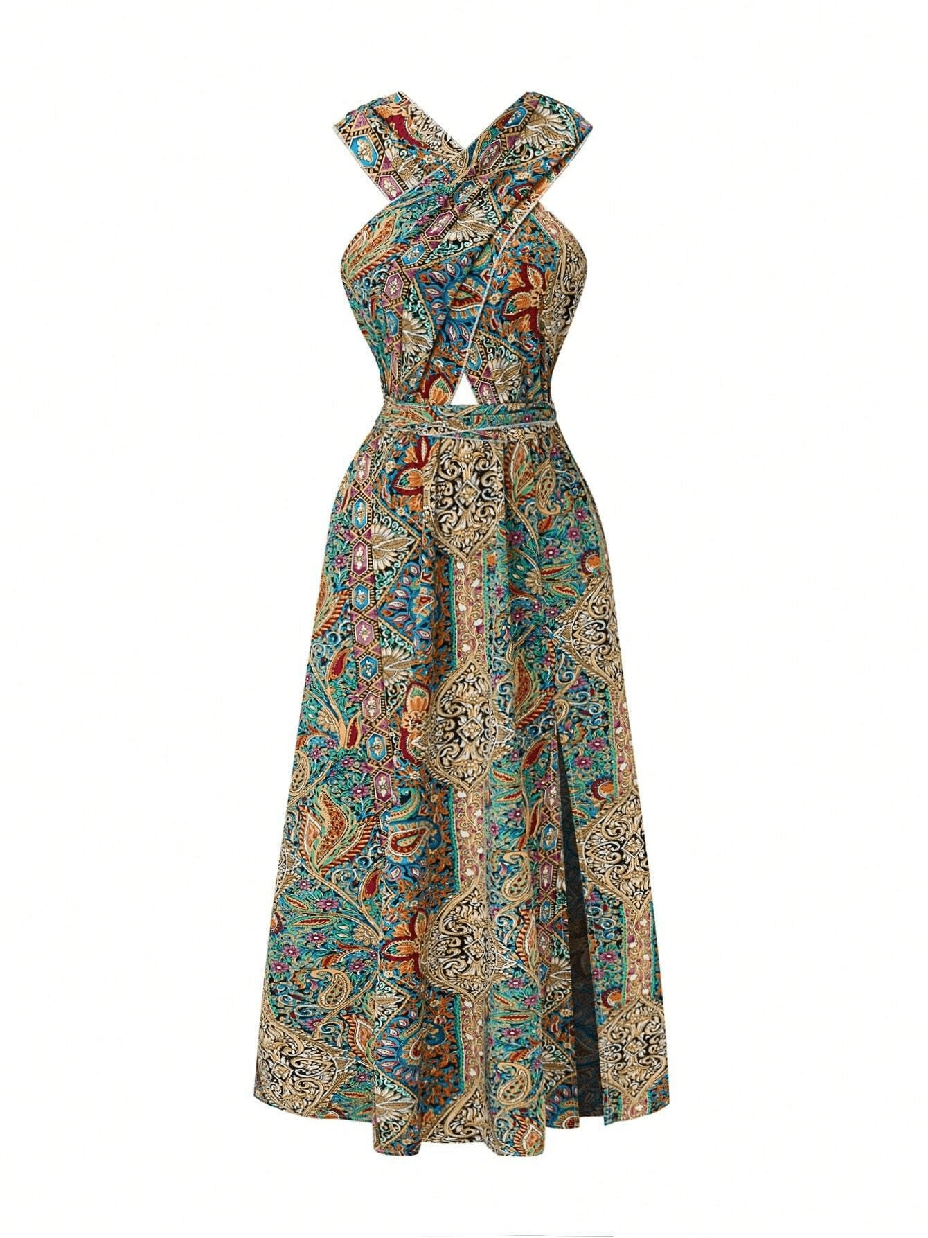 Elegant Paisley Maxi Dress – Halter Neck, High Waist, Flowing Silhouette | Teal & Bronze