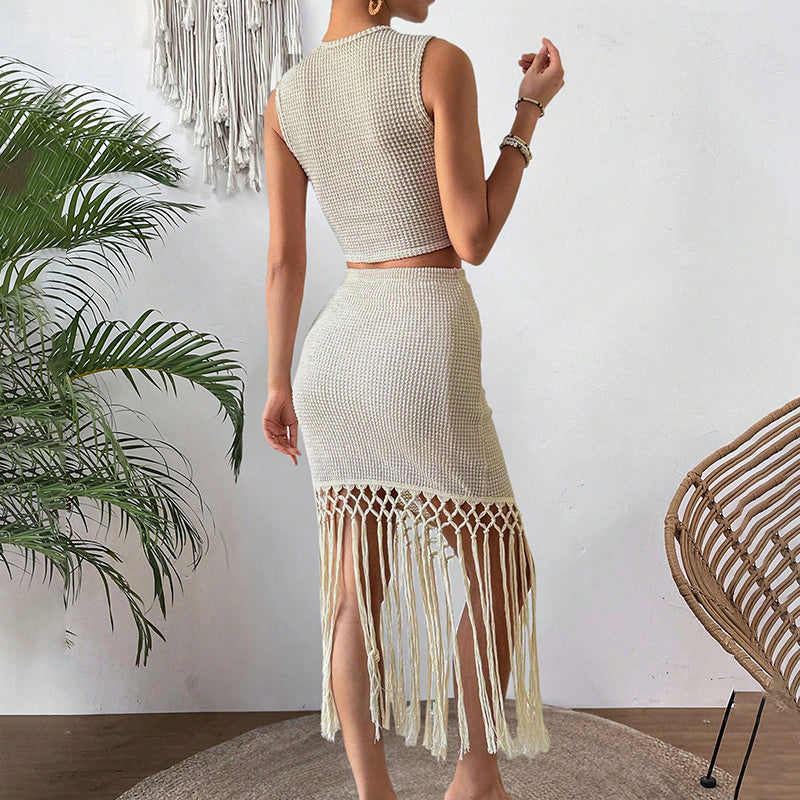 Women’s Elegant 2-Piece Skirt Set – Sleeveless Crop Top & High-Waist Bodycon Skirt