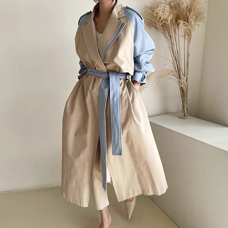 Women’s Long Trench Coat – Retro Lapels, Contrast Stitching, Lace-Up Waist