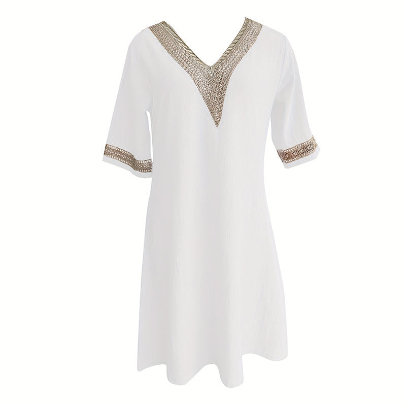 Elegant Guipure Lace Tunic Dress – V-Neck, Knee-Length, All-Season Style