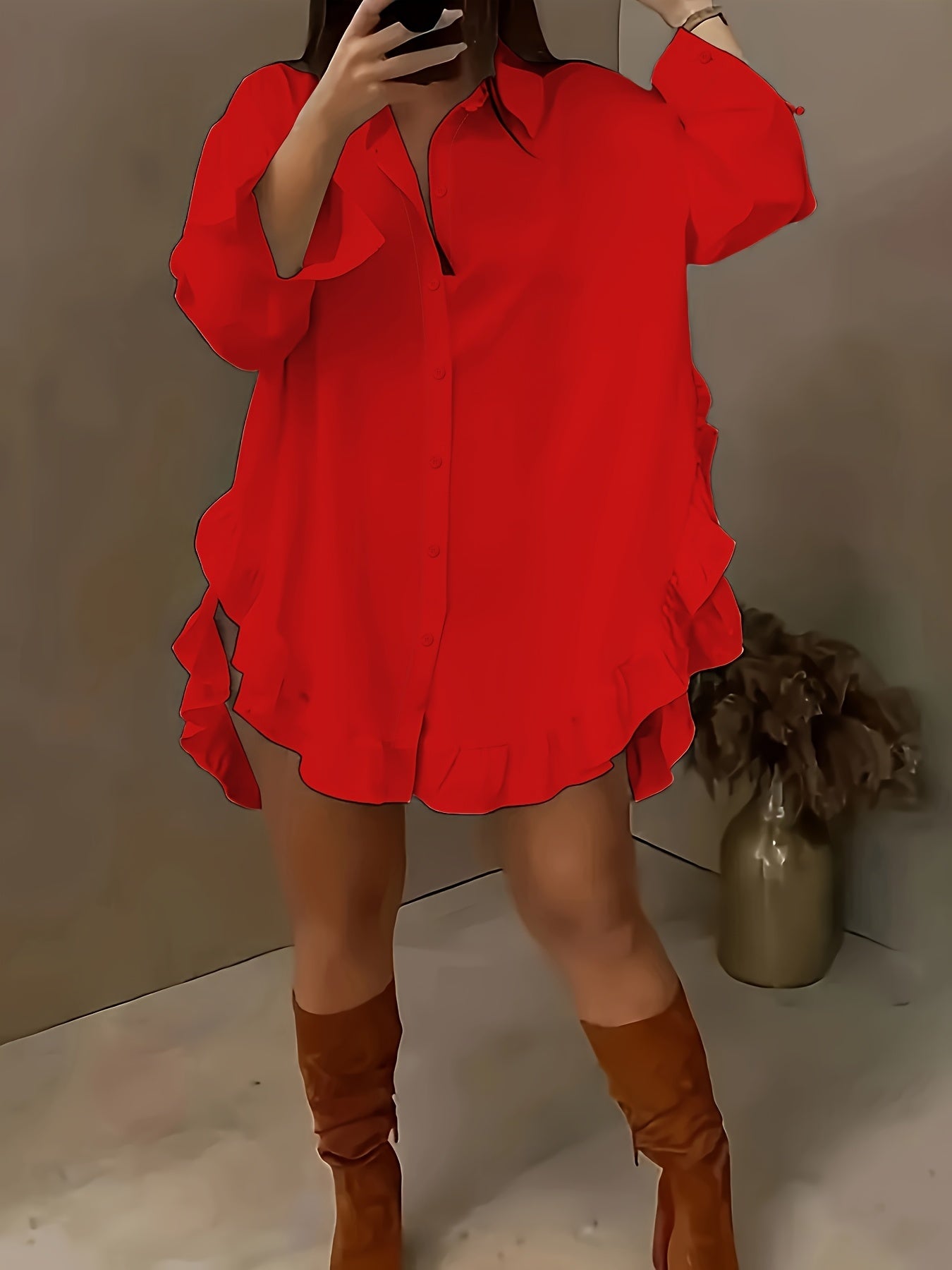 Women’s Long Sleeve Casual Shirt – Ruffled Hem, Soft Fit, Everyday Elegance