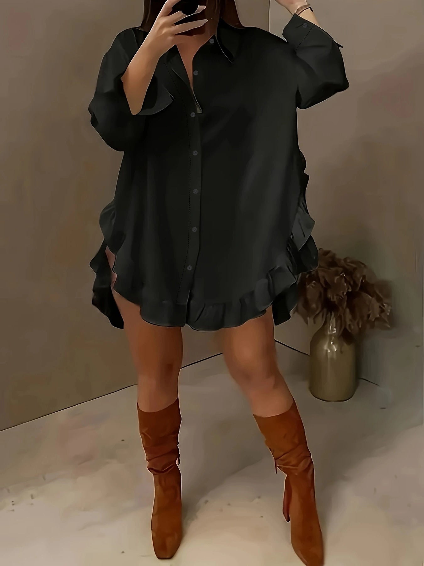 Women’s Long Sleeve Casual Shirt – Ruffled Hem, Soft Fit, Everyday Elegance