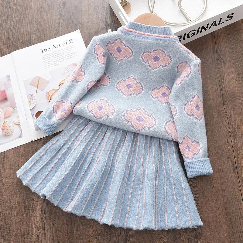 Girls Baby 2023 Fashion Winter Knitted Clothes Sets Cartoon Sweaters Tops Ruffles Skirt Outfits Children Clothes