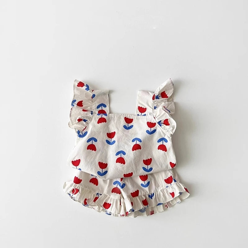 Summer Kids Girls Clothes Sets 2025 Flower Printed Sleeveless Tee Tops+ Shorts Suits Children Clothing Sets Baby Girls Clothes