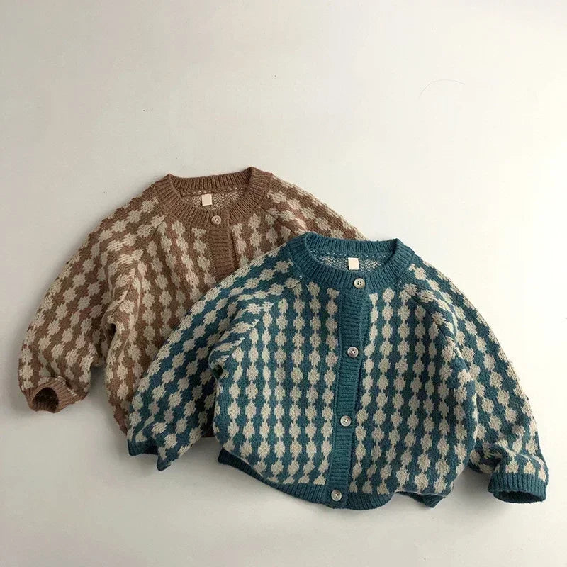 7222 Children Clothes Pastoral Plaid Cardigan Autumn Winter Boy'S Sweater Plaid Girl'S Knitted Coat