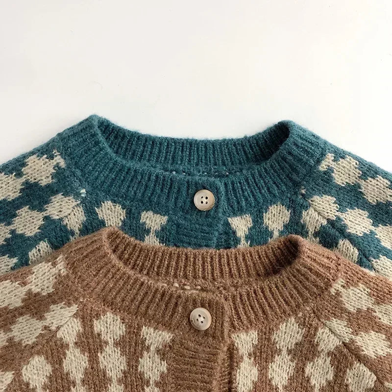 7222 Children Clothes Pastoral Plaid Cardigan Autumn Winter Boy'S Sweater Plaid Girl'S Knitted Coat