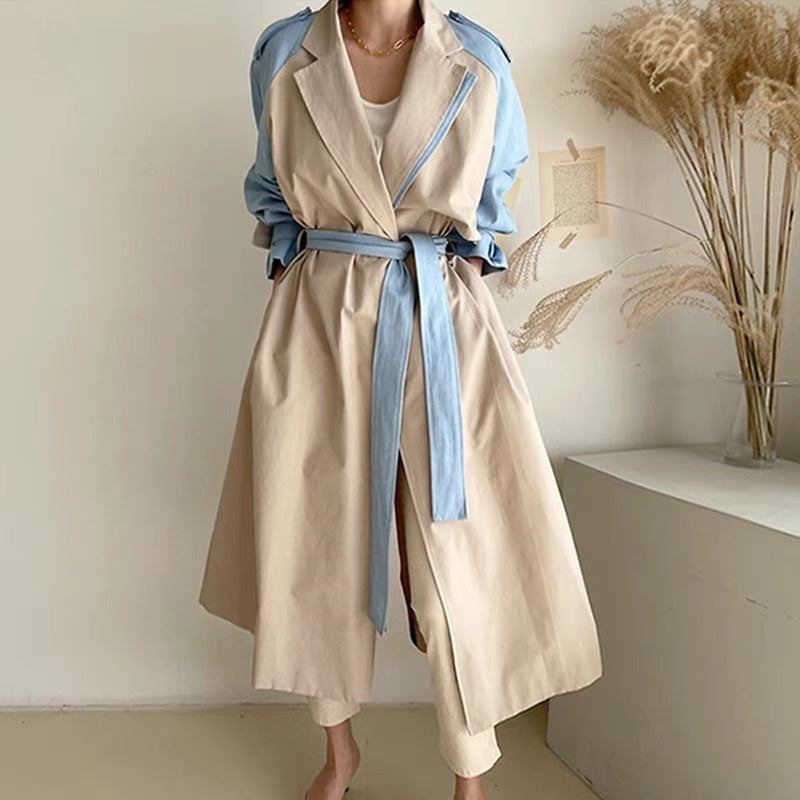 Women’s Long Trench Coat – Retro Lapels, Contrast Stitching, Lace-Up Waist