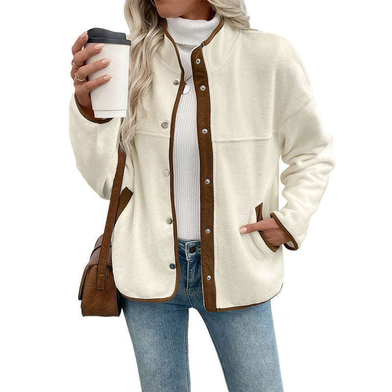 Women’s Contrast Color Polar Fleece Cardigan – Short Stand-Up Collar Jacket
