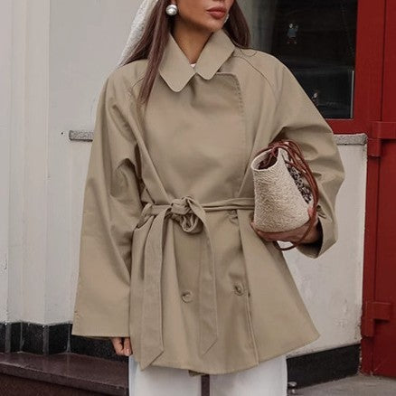 Women’s Long Khaki Trench Coat – Lace-Up Long Sleeve Coat