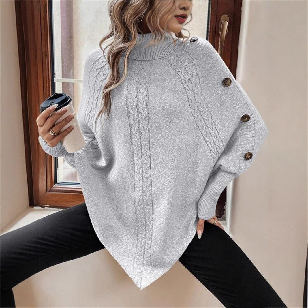Women’s Turtleneck Batwing Shirt – Long Sleeve with Decorative Buttons