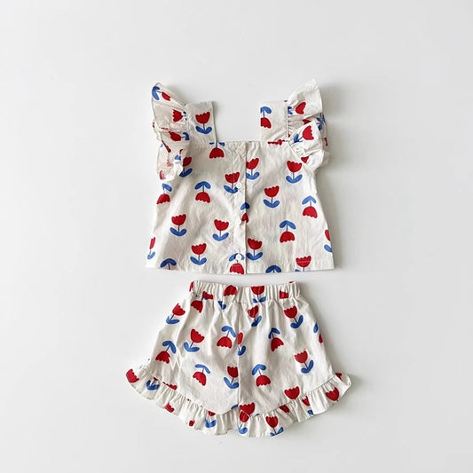 Summer Kids Girls Clothes Sets 2025 Flower Printed Sleeveless Tee Tops+ Shorts Suits Children Clothing Sets Baby Girls Clothes
