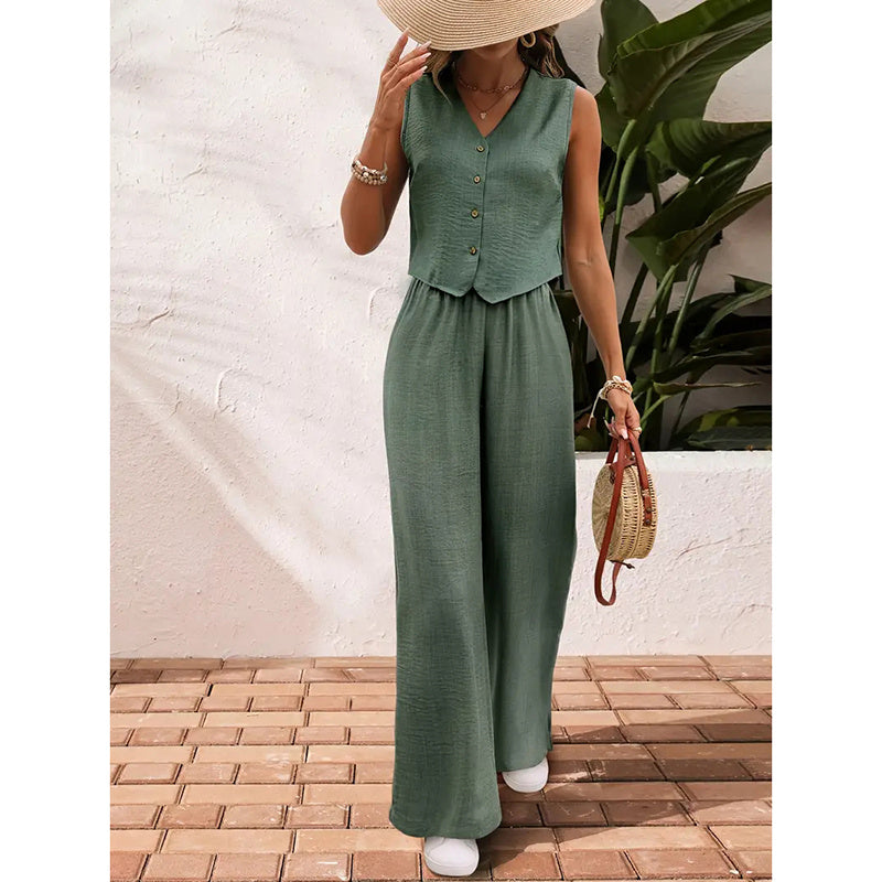 Chic Summer 2-Piece Set – Buttoned Crop Blazer Vest & Wide-Leg Pants